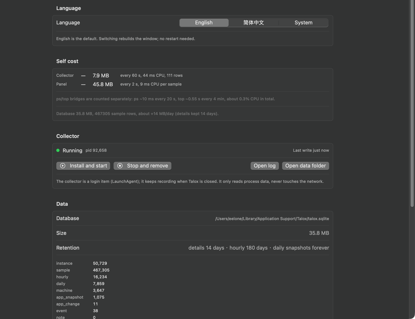 Talox settings showing its own CPU and memory cost