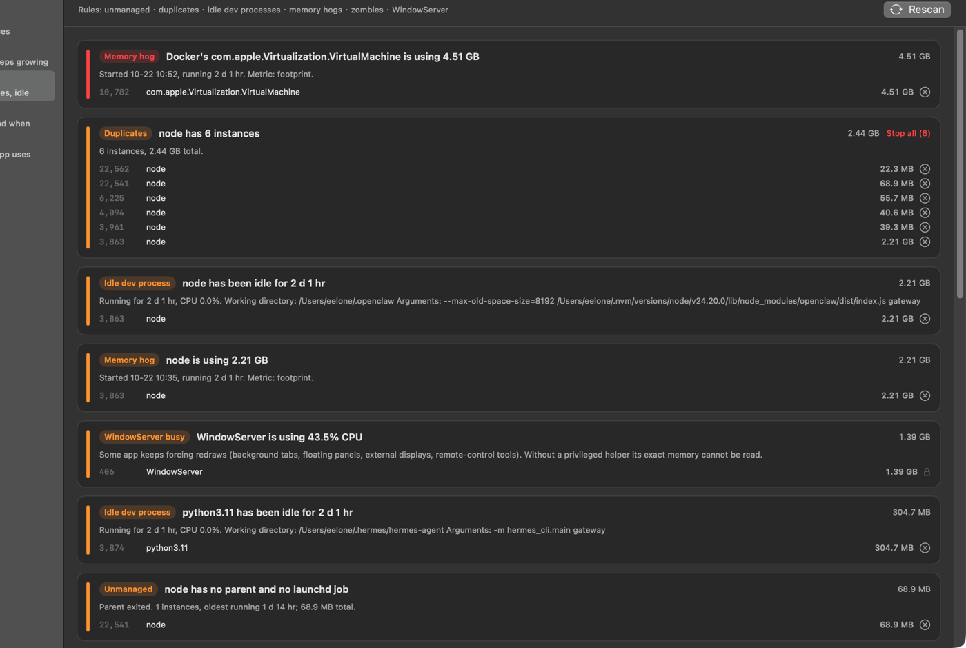 Talox suspicious process cards showing a memory hog, 57 duplicate node instances, and an idle dev process